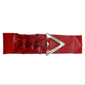 Vintage Red triangle detail stretch belt with enlarged Silver Buckle
